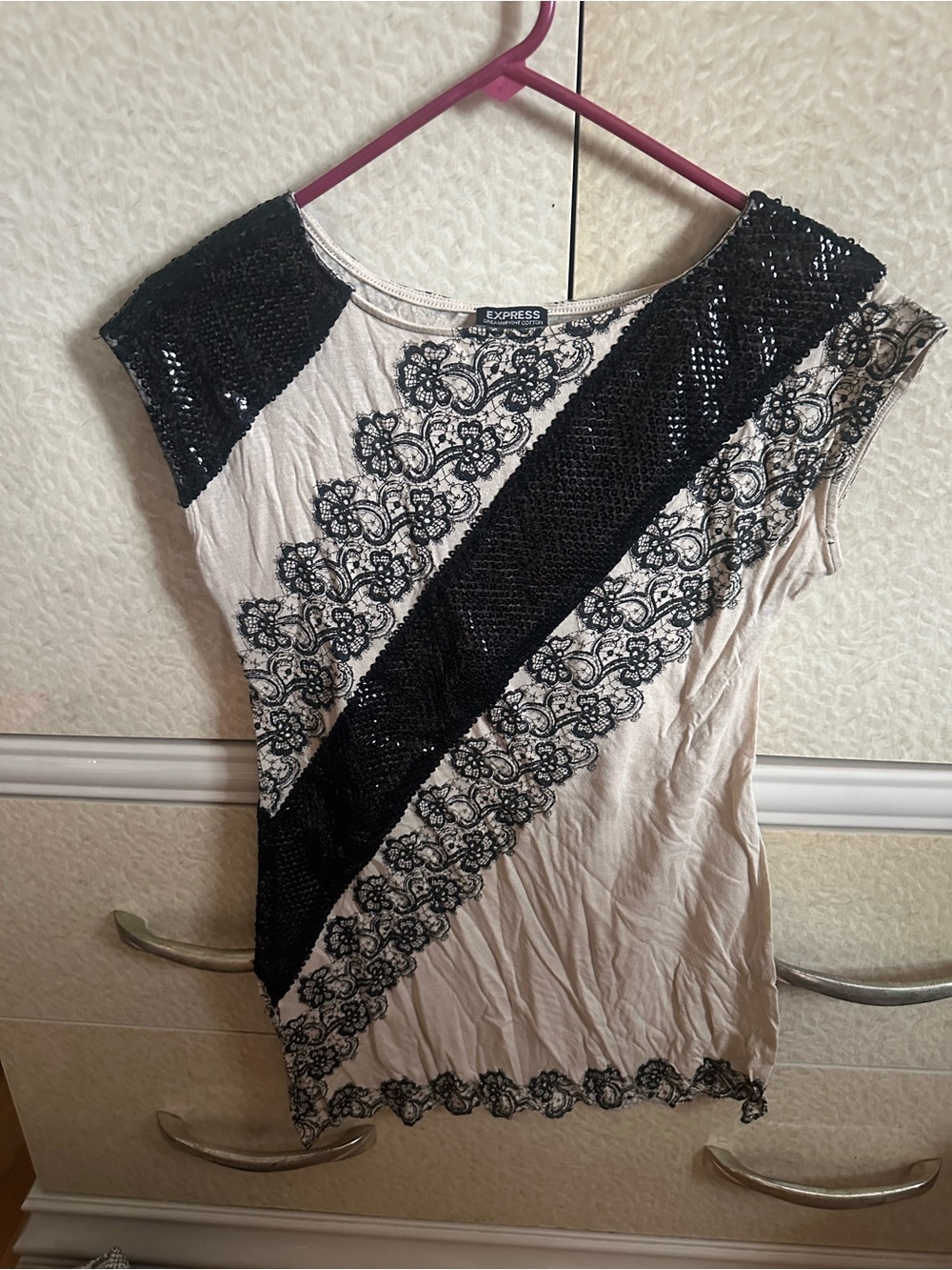 Express Beige Short Sleeve Top with Black Sequin Diagonal Band